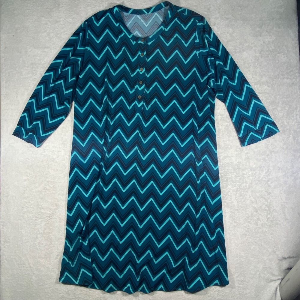 Merona Chevron Shift Dress Womens 2X Teal Blue 3/4 Sleeve Geometric Knit